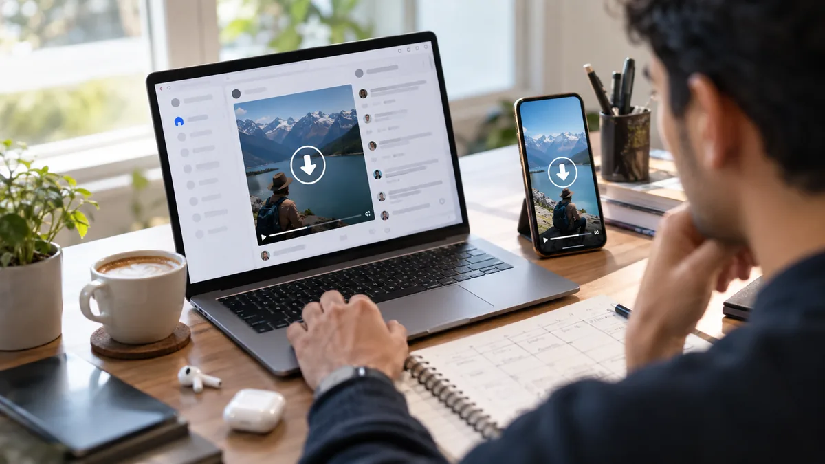 LinkedIn video downloader for marketing: a marketer saving a post video as an MP4 while the same clip plays on a phone