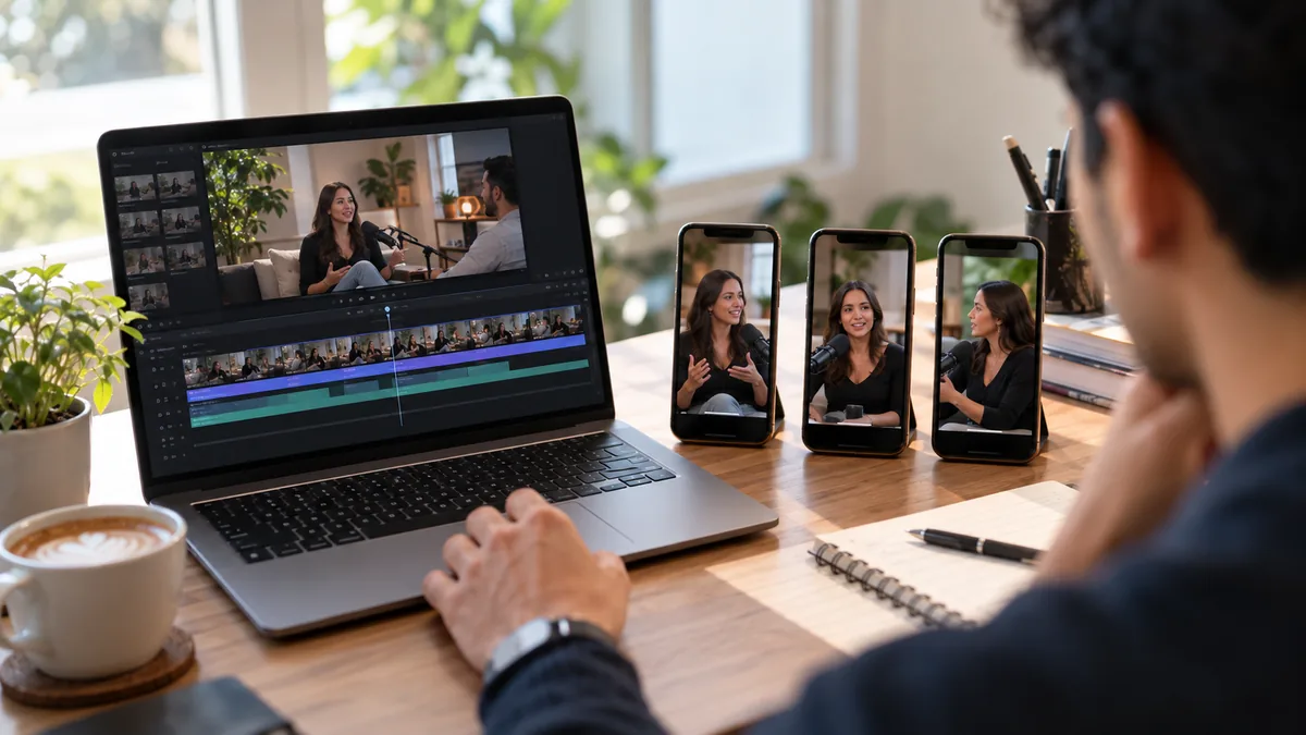 One long interview video on a laptop editing timeline beside three phones showing short vertical cuts of the same clip