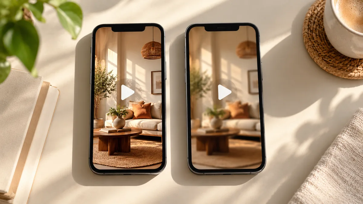 Two phones showing the same Pinterest video side by side, one sharp and one soft, comparing downloader quality